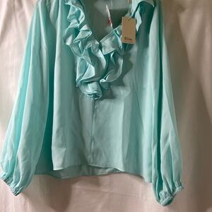 NWT Elie TAHARI Women's Aqua Ruffle Blouse